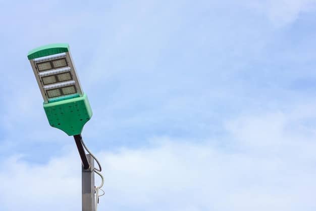 A close-up of a smart streetlight with solar panels integrated into its design. The background shows a green, tree-lined street, emphasizing the environmental benefits of sustainable lighting solutions.