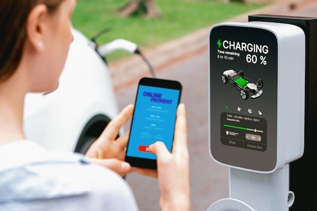 A close-up shot of a modern electric vehicle charging station with a digital display showing charging progress and cost. The charger is sleek and user-friendly, with a clear interface. In the background, several other charging stations are visible, along with various EV models plugged in for charging, highlighting the growing adoption of electric vehicles.