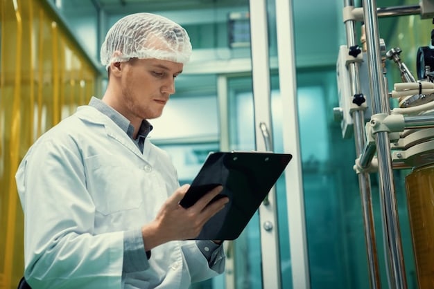 A detailed close-up shot of an engineer in a cleanroom environment, carefully inspecting a component of an electric vehicle battery. The component is advanced and intricate, showcasing the high-tech nature of battery production.