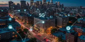 Modern U.S. city skyline with 5G network overlay and emergency vehicles signifying enhanced public safety.