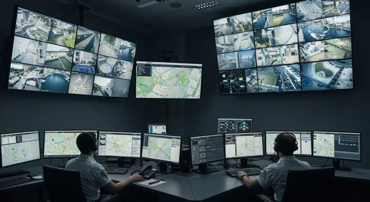 Public safety command center with real-time data monitoring and advanced technology.