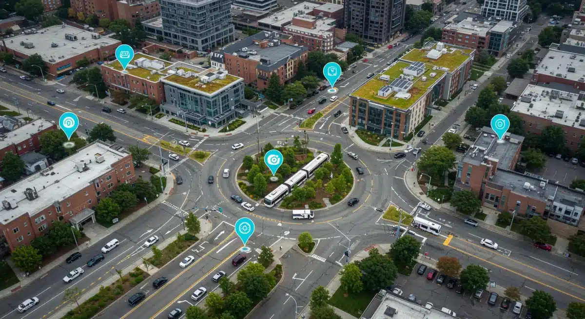 Aerial view of a smart city intersection with integrated traffic management