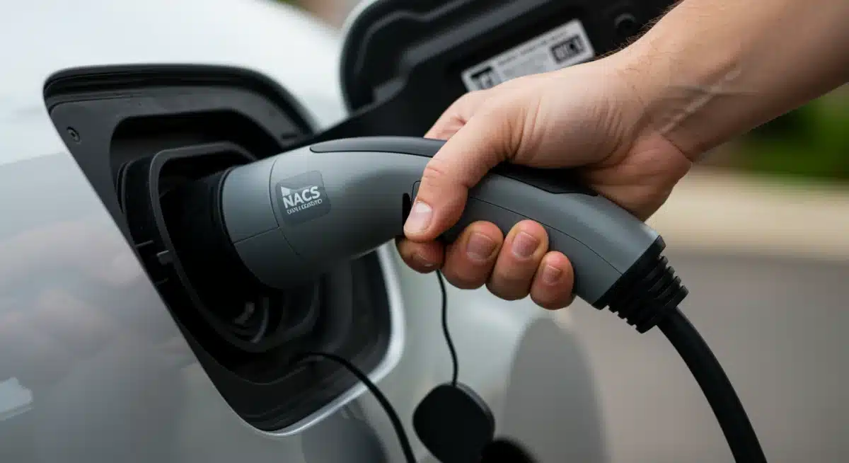 Hand connecting universal NACS EV charger to vehicle, showing seamless interoperability.