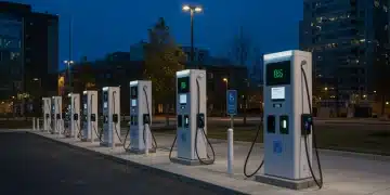 Modern EV charging station in a US city at dusk