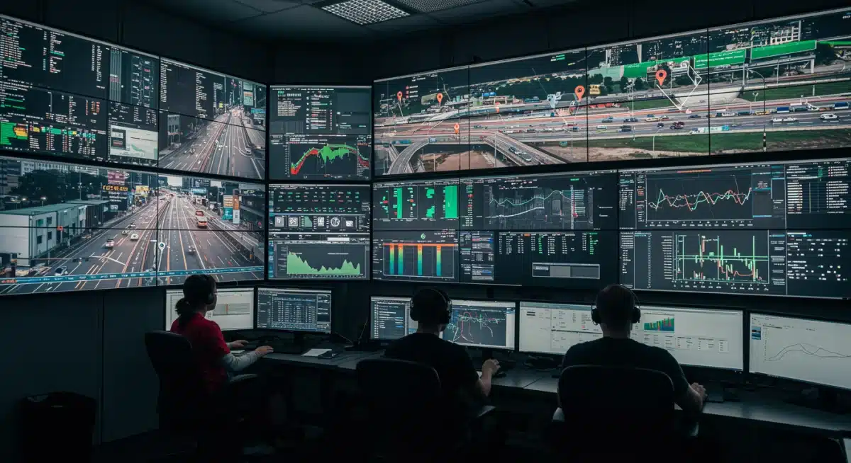 Control room displaying real-time public transit data on multiple screens.