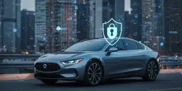 Futuristic car protected by digital shield, symbolizing advanced automotive cybersecurity in the US