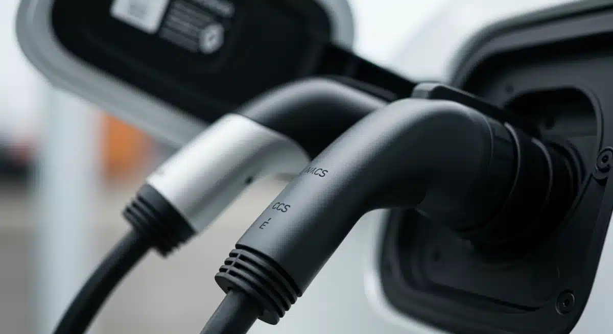 Close-up of NACS and CCS EV charging connectors