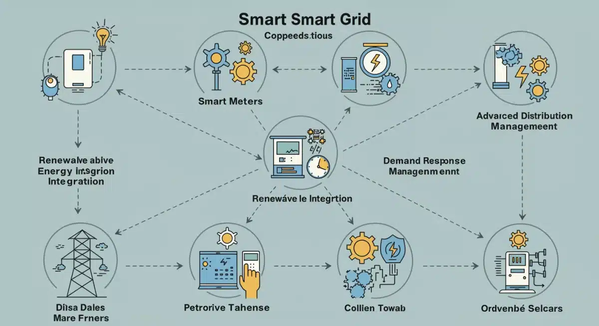 Infographic detailing smart grid components and their interconnected functions for optimized energy use