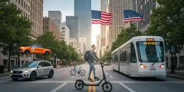 Commuters utilizing diverse new mobility options in a bustling US city for cost savings.