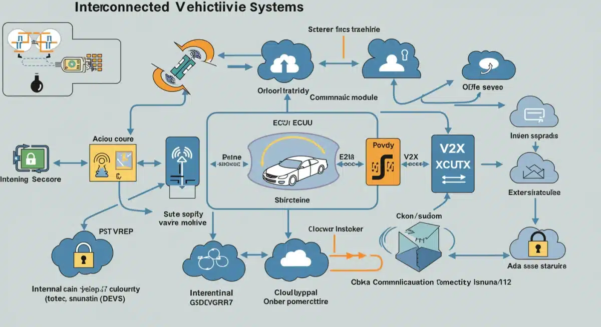 Diagram showing interconnected vehicle systems and potential cyber attack vectors