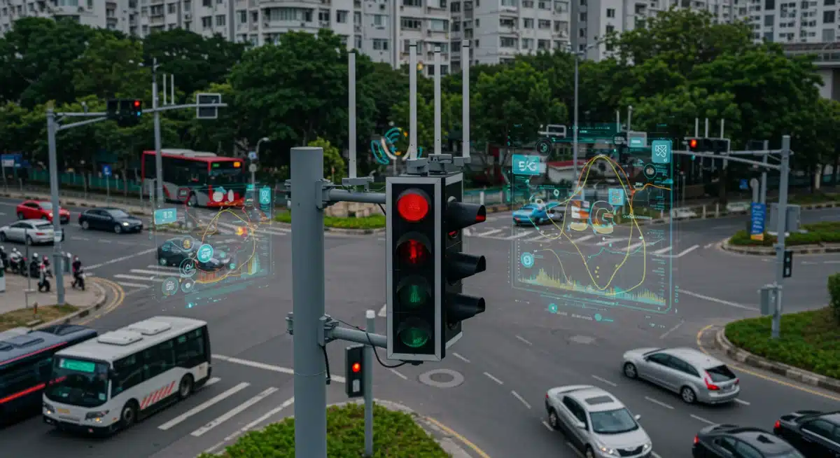 Smart traffic light with 5G antennas optimizing urban vehicle flow in real-time.