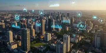 Futuristic cityscape with data overlays and analytical dashboards guiding urban development decisions