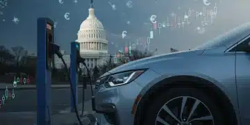 Electric vehicle charging with a backdrop of financial charts and the US Capitol, representing federal tax credits.