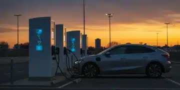 Electric vehicle charging at a modern station during sunset in an urban setting