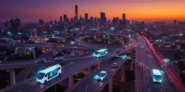 Futuristic highway with autonomous vehicles and glowing 5G data connections in a smart city.