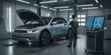 Technician performing diagnostics on an electric vehicle in a futuristic service bay.