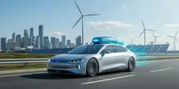 Futuristic hydrogen fuel cell vehicle on a highway with clean energy infrastructure