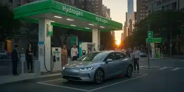 Futuristic hydrogen fuel cell vehicle at a modern refueling station in the US.