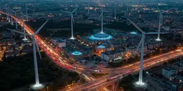 Futuristic smart city with integrated renewable energy sources like wind turbines and solar panels.