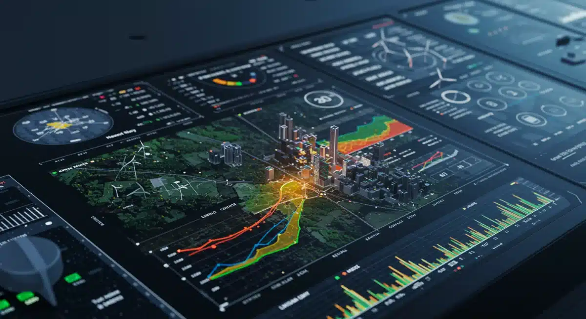 Smart grid control center monitoring renewable energy flow in an urban network.