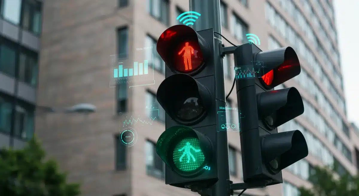 Close-up of smart traffic light with integrated sensors and real-time data