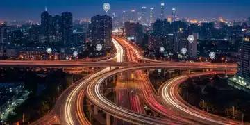 AI-powered urban traffic flow at dusk, showing reduced congestion