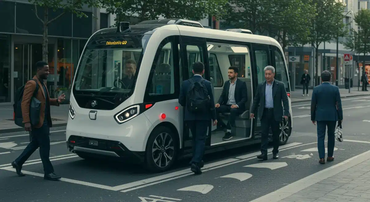 Autonomous electric shuttle picking up commuters in a smart city environment.