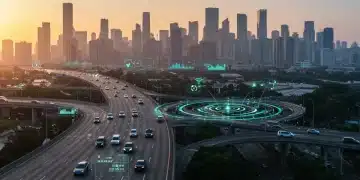 Futuristic cityscape with autonomous vehicles, representing advanced transportation and regulatory frameworks.