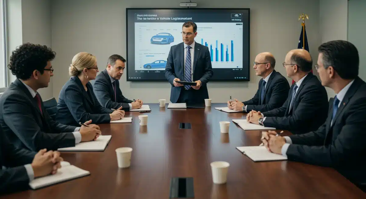 Policymakers and industry leaders discussing autonomous vehicle legislation in a modern conference room.