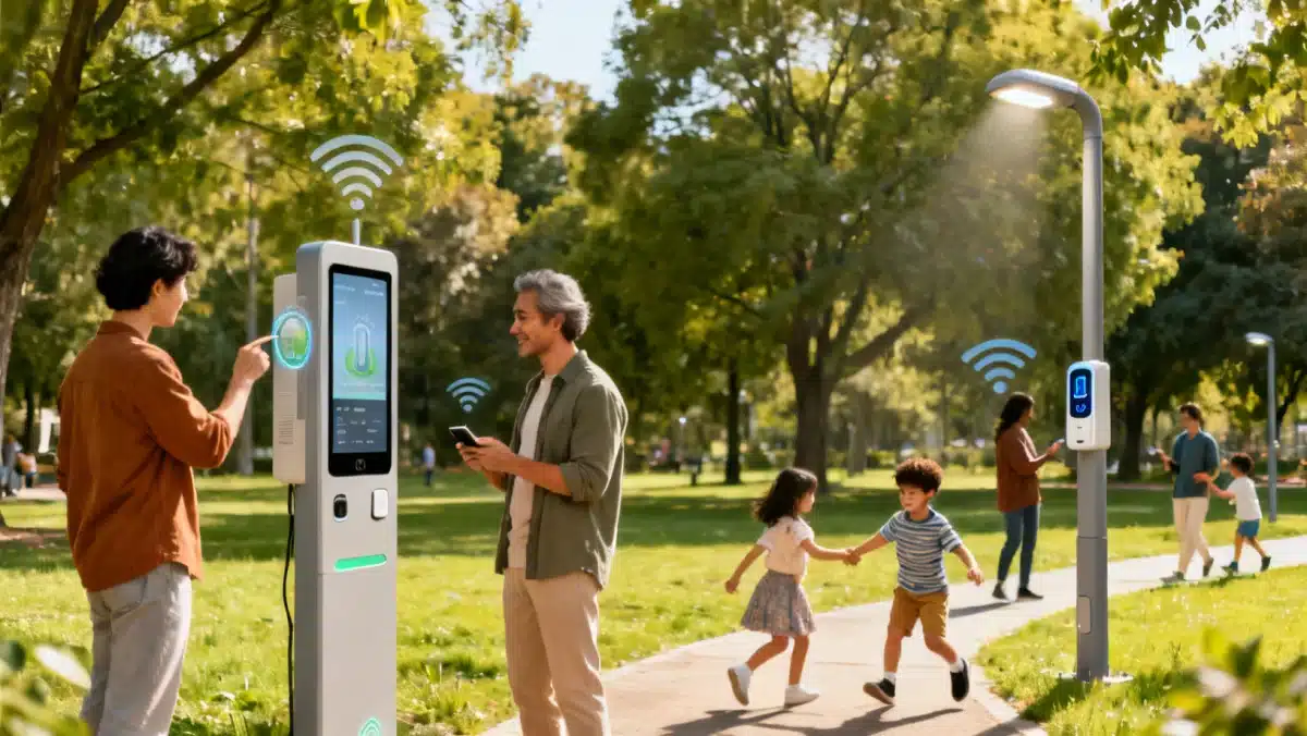 Citizens utilizing diverse 5G-powered smart public services in an urban park