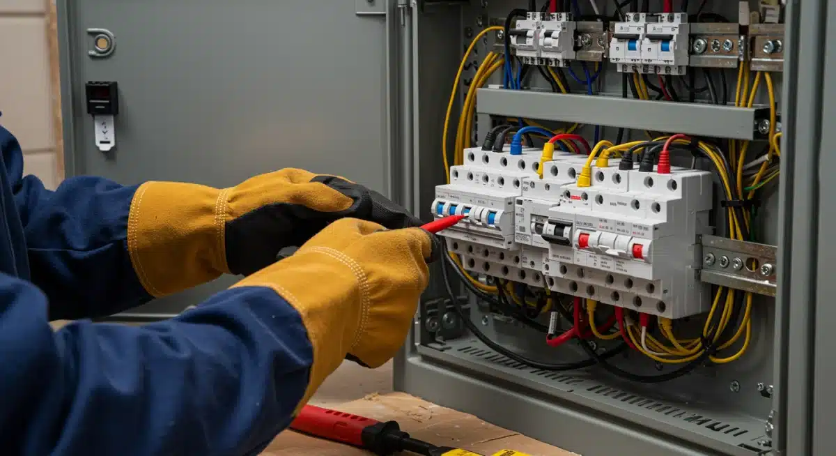 Certified electrician inspecting a home electrical service panel for EV charger installation readiness.