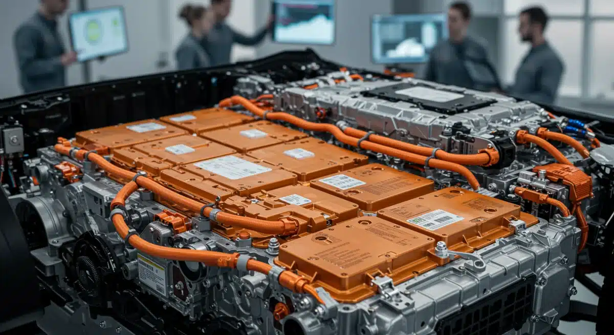 High-density EV battery pack with cooling systems, illustrating technological advancements.