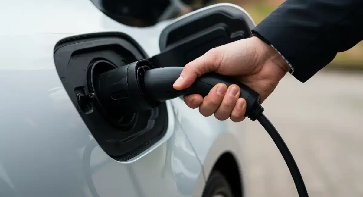 Hand connecting an electric vehicle to a charging station, demonstrating ease of use.