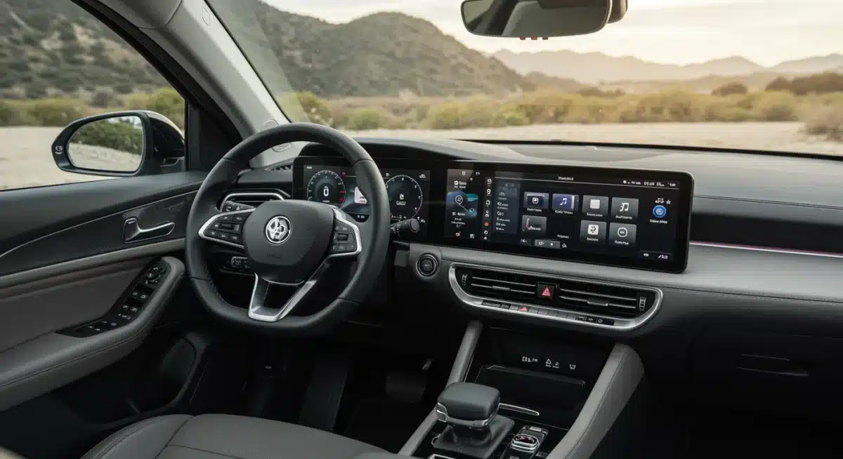 Advanced interior of a 2026 EV with large touchscreen and ambient lighting.