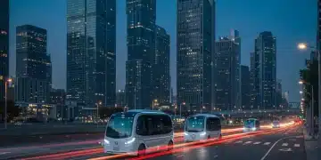 Autonomous vehicles navigating a futuristic city street at dusk, showcasing advanced urban mobility.