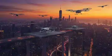 Futuristic city skyline with eVTOL aircraft, symbolizing Urban Air Mobility in the US.