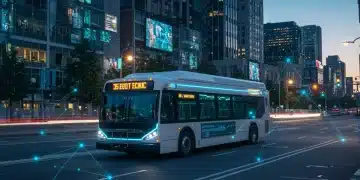 Futuristic connected public transit bus on a smart city street at dusk, symbolizing advanced urban mobility.