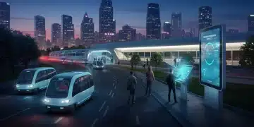 Futuristic urban transit scene with micro-transit, hyperloop, and integrated mobility app.