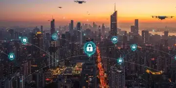 Futuristic smart city with digital network overlay, symbolizing robust cybersecurity.