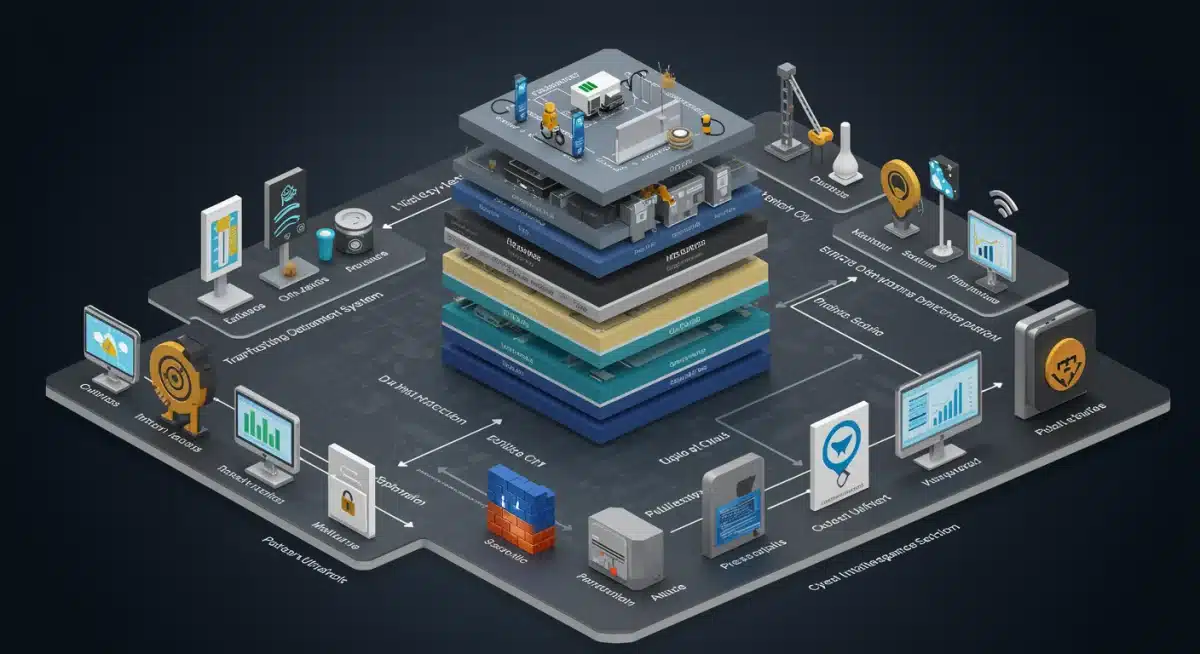 Diagram of layered cybersecurity defenses for smart city components.