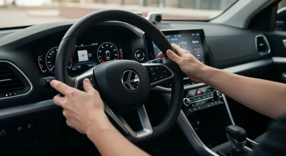 Hands hovering over a steering wheel in an autonomous vehicle, symbolizing supervised autonomy and advanced technology.