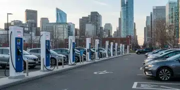 Modern EV charging stations in a bustling US city, showcasing electric vehicles charging.