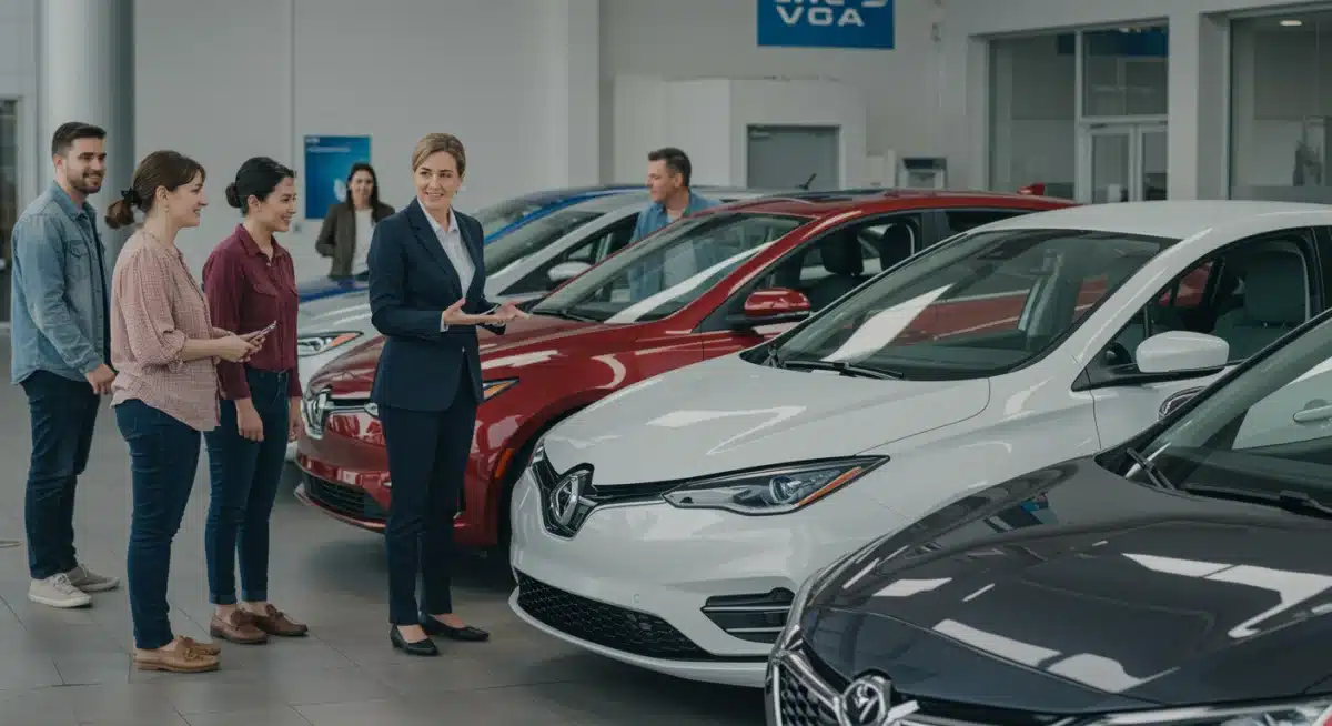 US consumers test-driving electric vehicles, discussing 2026 tax credit benefits with a salesperson at a dealership.