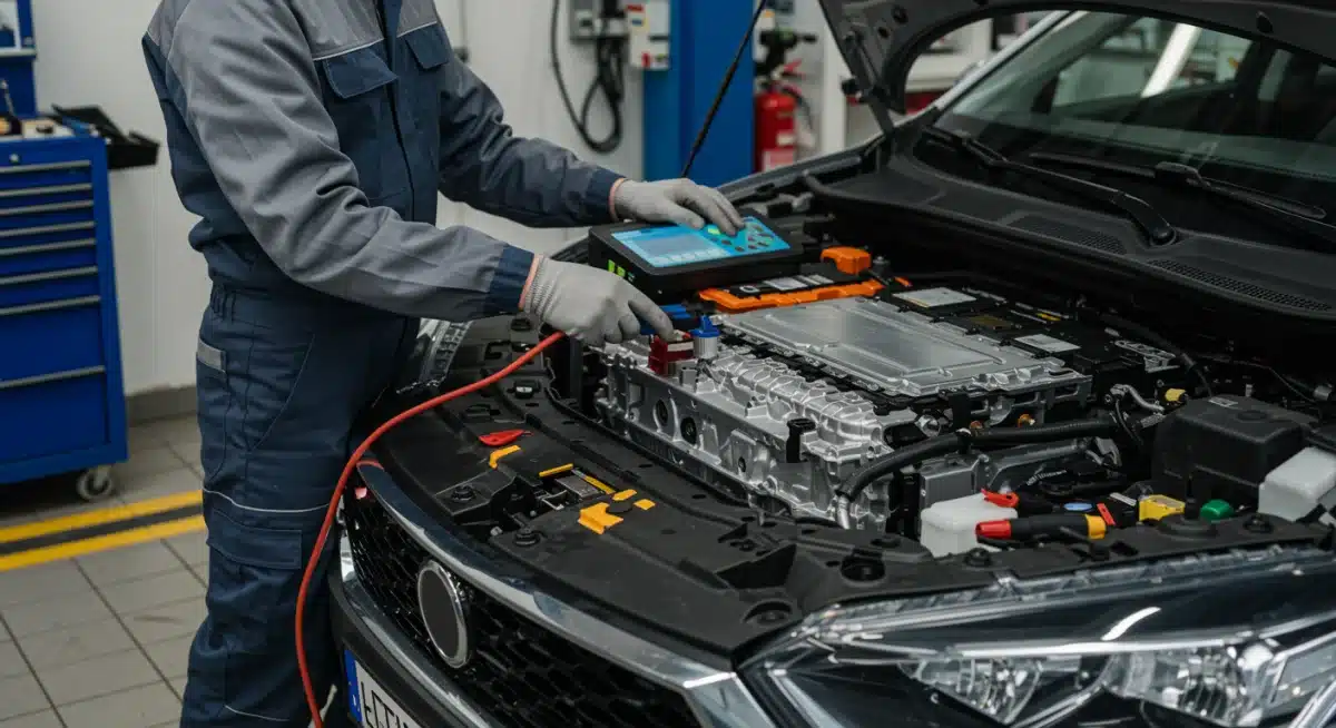 Technician performing maintenance check on an electric vehicle's battery pack at a service center.