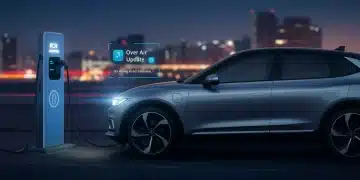 Futuristic EV dashboard with range display and software update notification