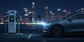 Futuristic EV charging rapidly at a high-speed station in a modern city.