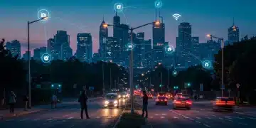 Futuristic smart city with interconnected urban IoT sensors enhancing safety and efficiency.