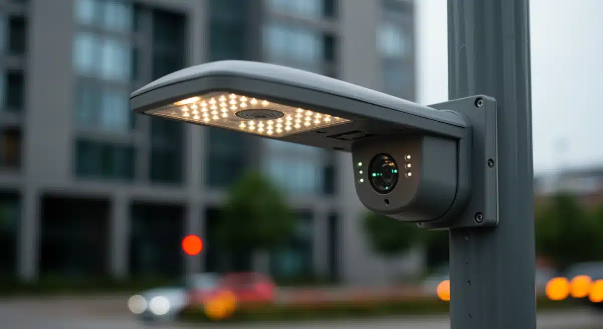 Advanced urban IoT sensor seamlessly integrated into a smart streetlight monitoring city data.