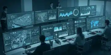Smart city control center monitoring real-time urban data for traffic, energy, and waste management.