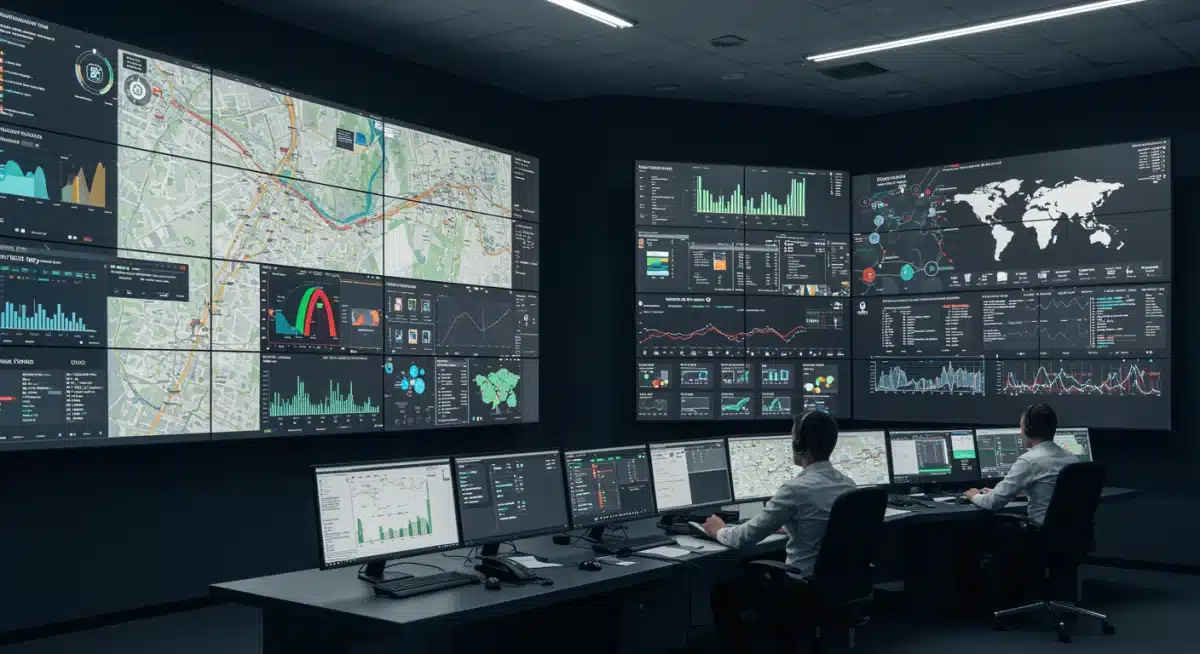 Smart city control room displaying real-time data from urban IoT sensors for proactive management.